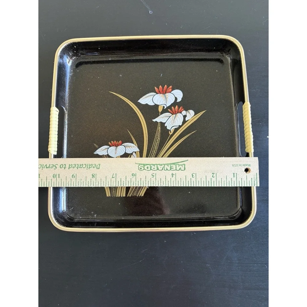 Vintage Japanese Lacquerware Tray Black with Floral Design 10.5